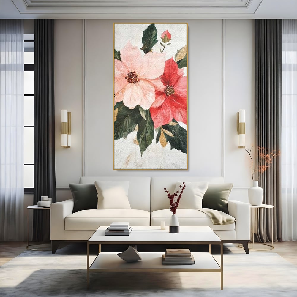 Tablou canvas cu tablou canvas cu flori de craciun, in rama de aluminiu auriu, pe perete intr-un living