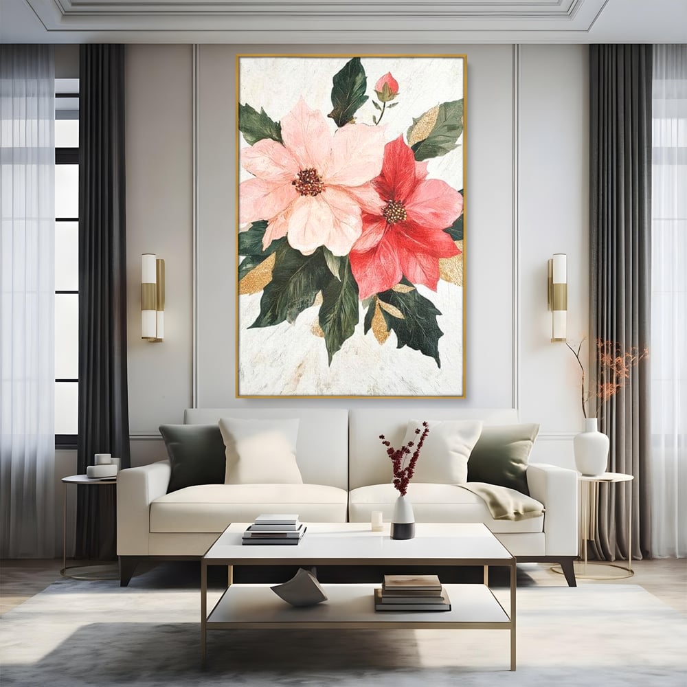 Tablou canvas cu tablou canvas cu flori de craciun, in rama de aluminiu auriu, pe perete intr-un living