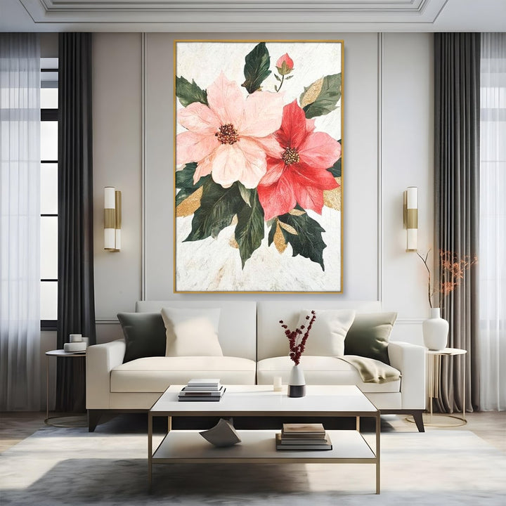Tablou canvas cu tablou canvas cu flori de craciun, in rama de aluminiu auriu, pe perete intr-un living