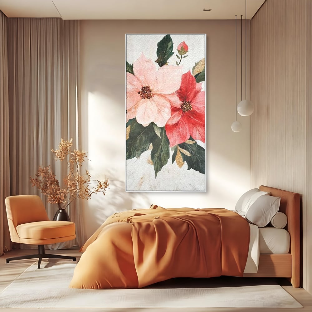 Tablou canvas cu tablou canvas cu flori de craciun, in rama de aluminiu argintiu, pe perete intr-un dormitor