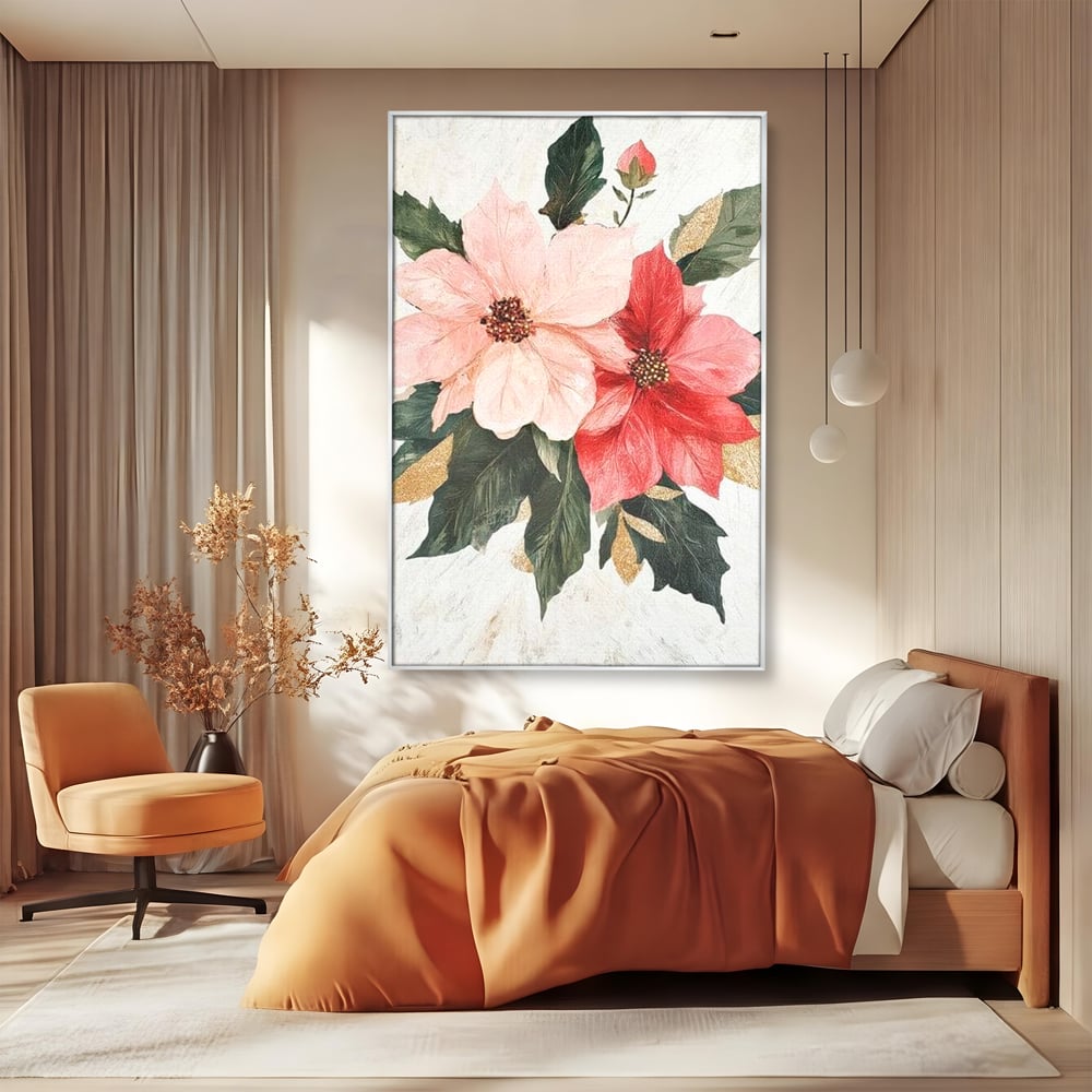 Tablou canvas cu tablou canvas cu flori de craciun, in rama de aluminiu argintiu, pe perete intr-un dormitor