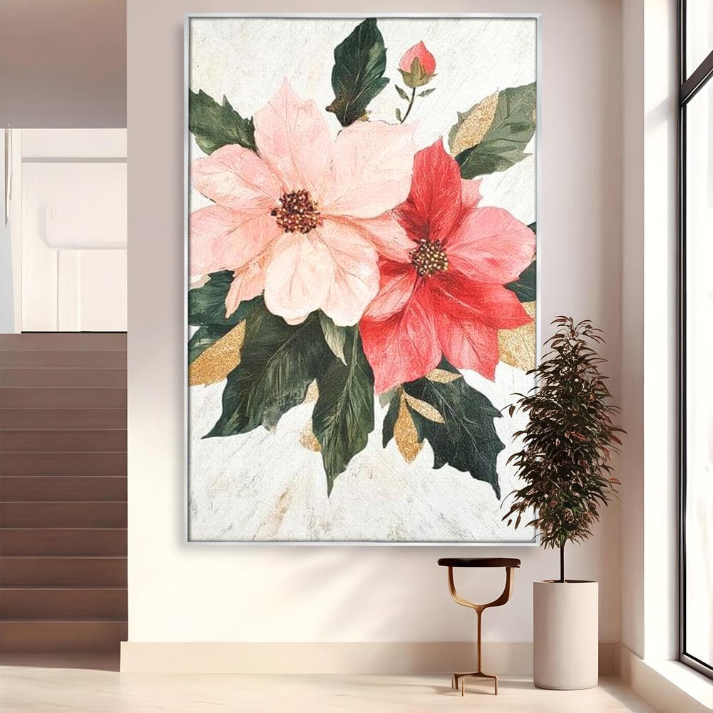 Tablou canvas cu tablou canvas cu flori de craciun, in rama de aluminiu argintiu