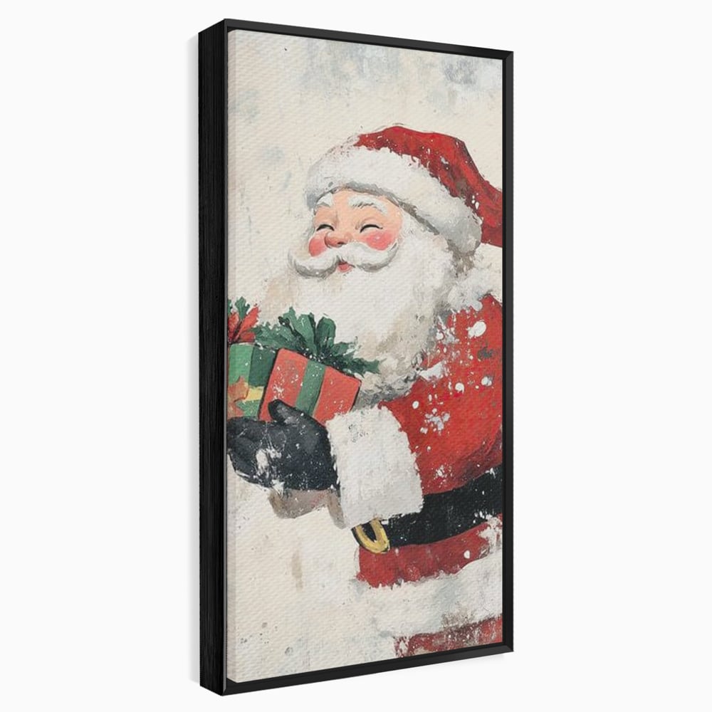 Tablou canvas cu ilustratie vintage cu mos craciun, in rama de aluminiu negru