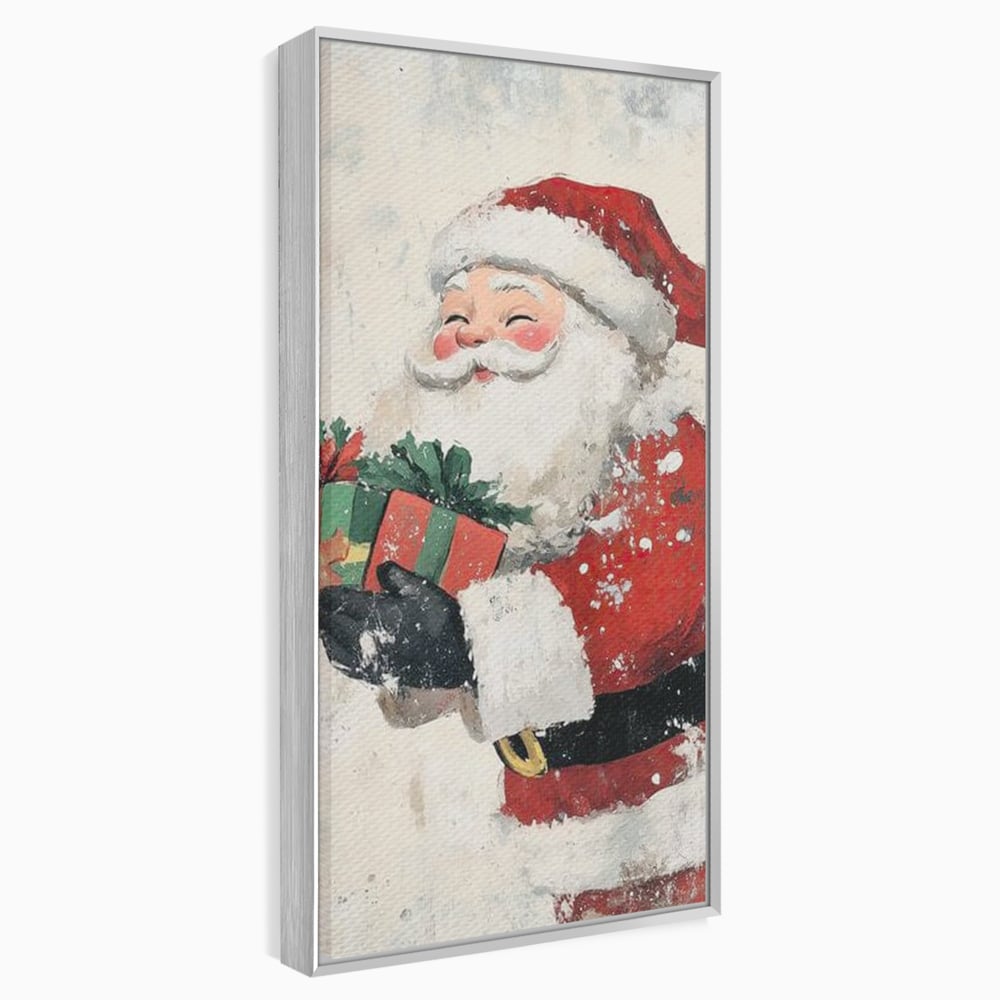 Tablou canvas cu ilustratie vintage cu mos craciun, in rama de aluminiu argintiu