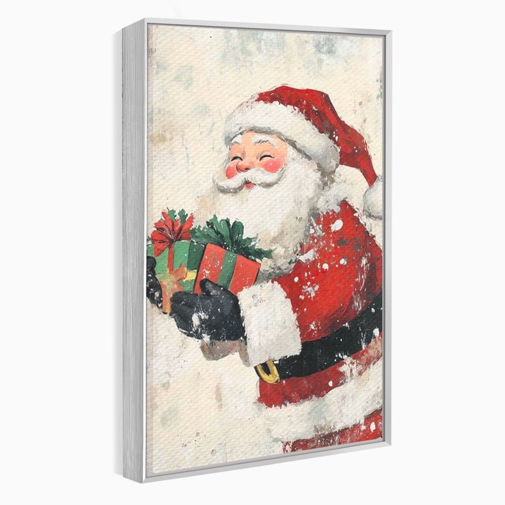 Tablou canvas cu ilustratie vintage cu mos craciun, in rama de aluminiu argintiu