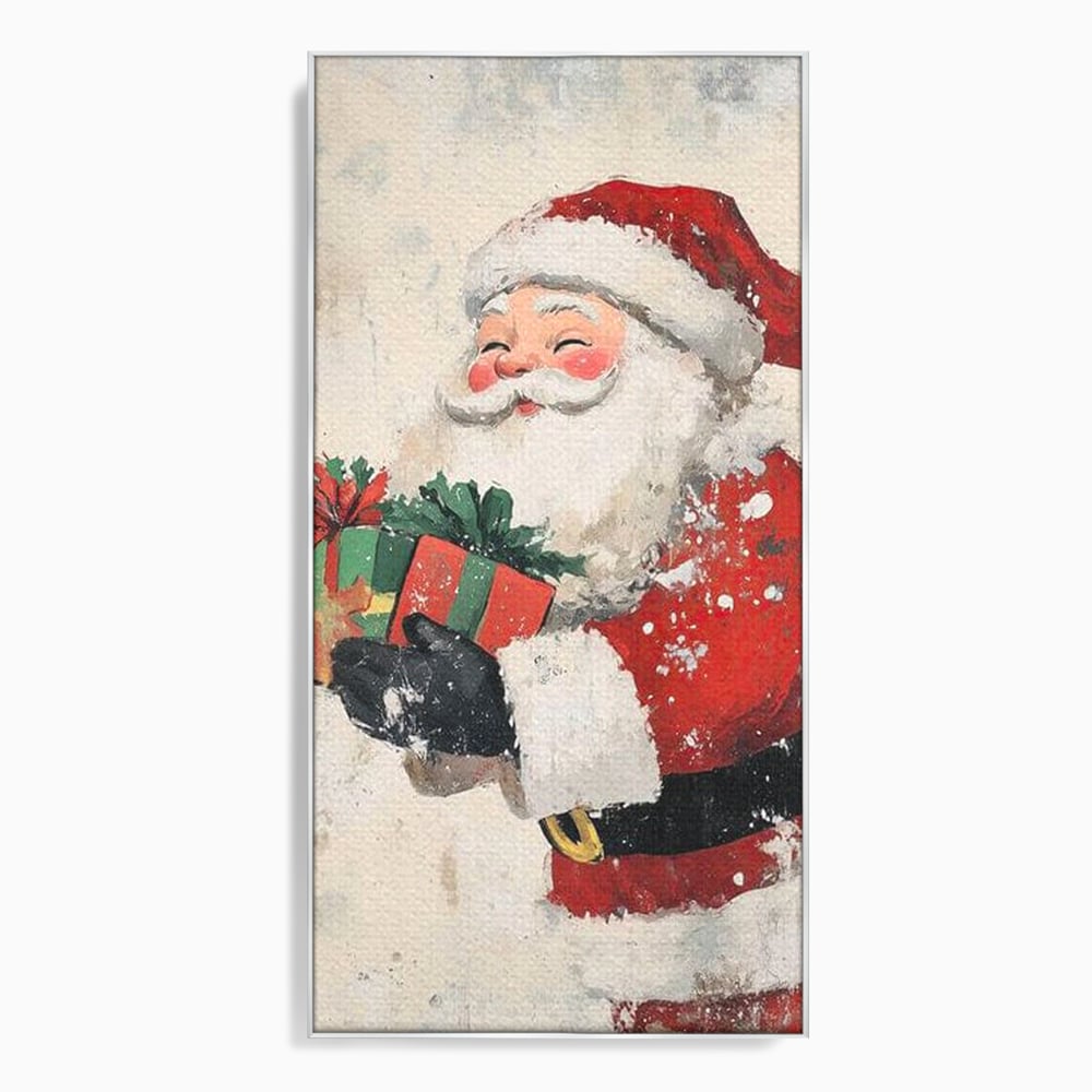 Tablou canvas cu ilustratie vintage cu mos craciun, in rama de aluminiu argintiu