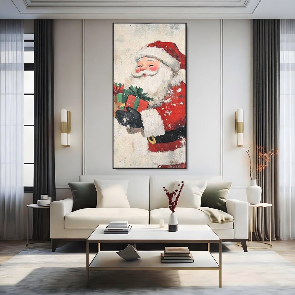 Tablou canvas cu ilustratie vintage cu mos craciun, in rama de aluminiu negru, pe perete intr-un living