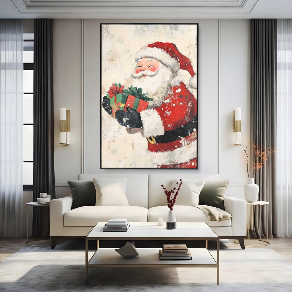 Tablou canvas cu ilustratie vintage cu mos craciun, in rama de aluminiu negru, pe perete intr-un living