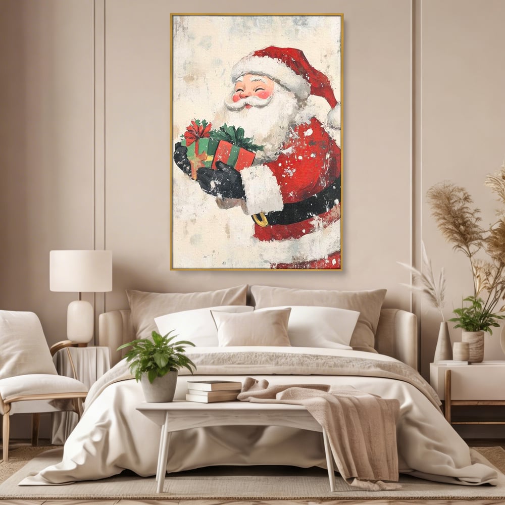 Tablou canvas cu ilustratie vintage cu mos craciun, in rama de aluminiu auriu, pe perete intr-un dormitor
