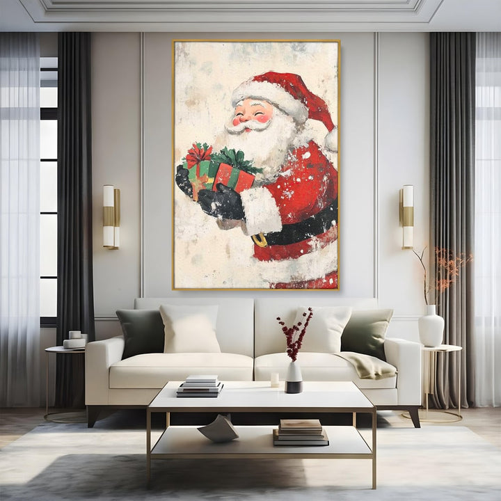 Tablou canvas cu ilustratie vintage cu mos craciun, in rama de aluminiu auriu, pe perete intr-un living