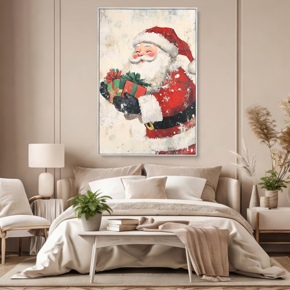 Tablou canvas cu ilustratie vintage cu mos craciun, in rama de aluminiu argintiu, pe perete intr-un dormitor