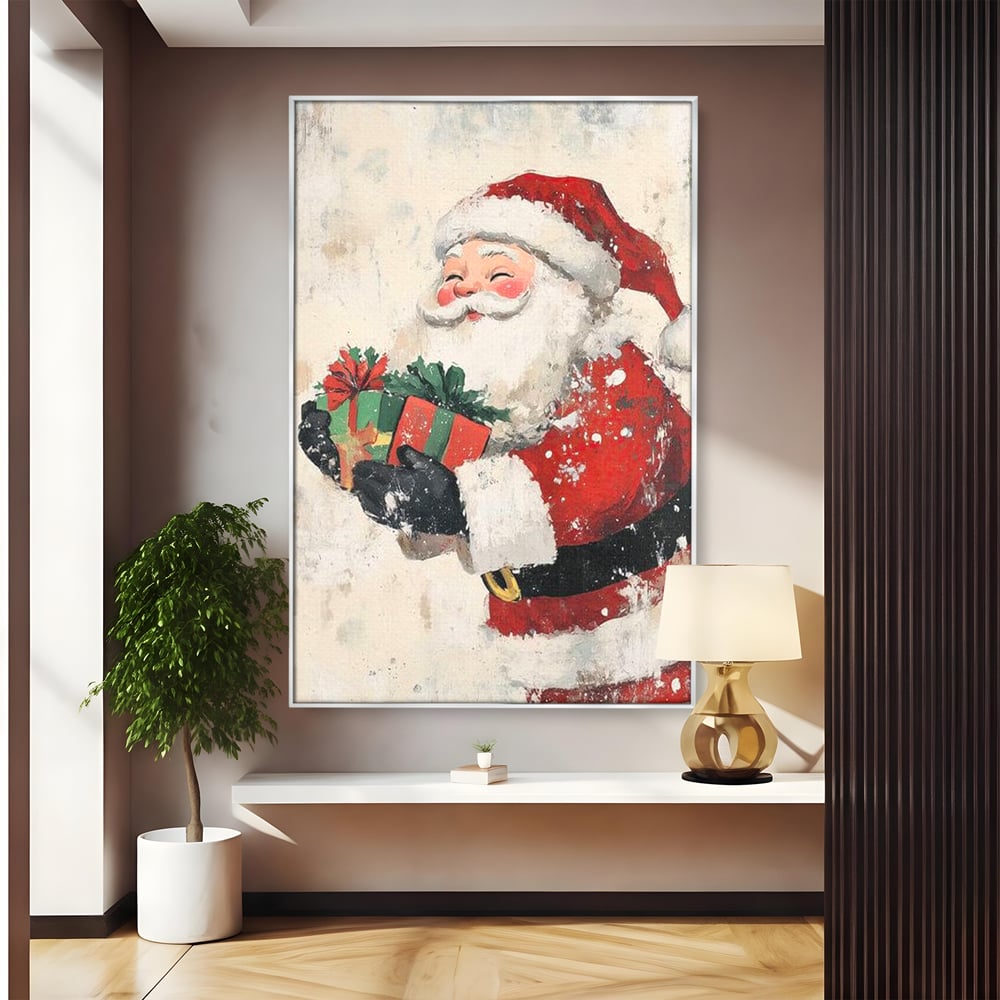 Tablou canvas cu ilustratie vintage cu mos craciun, in rama de aluminiu argintiu