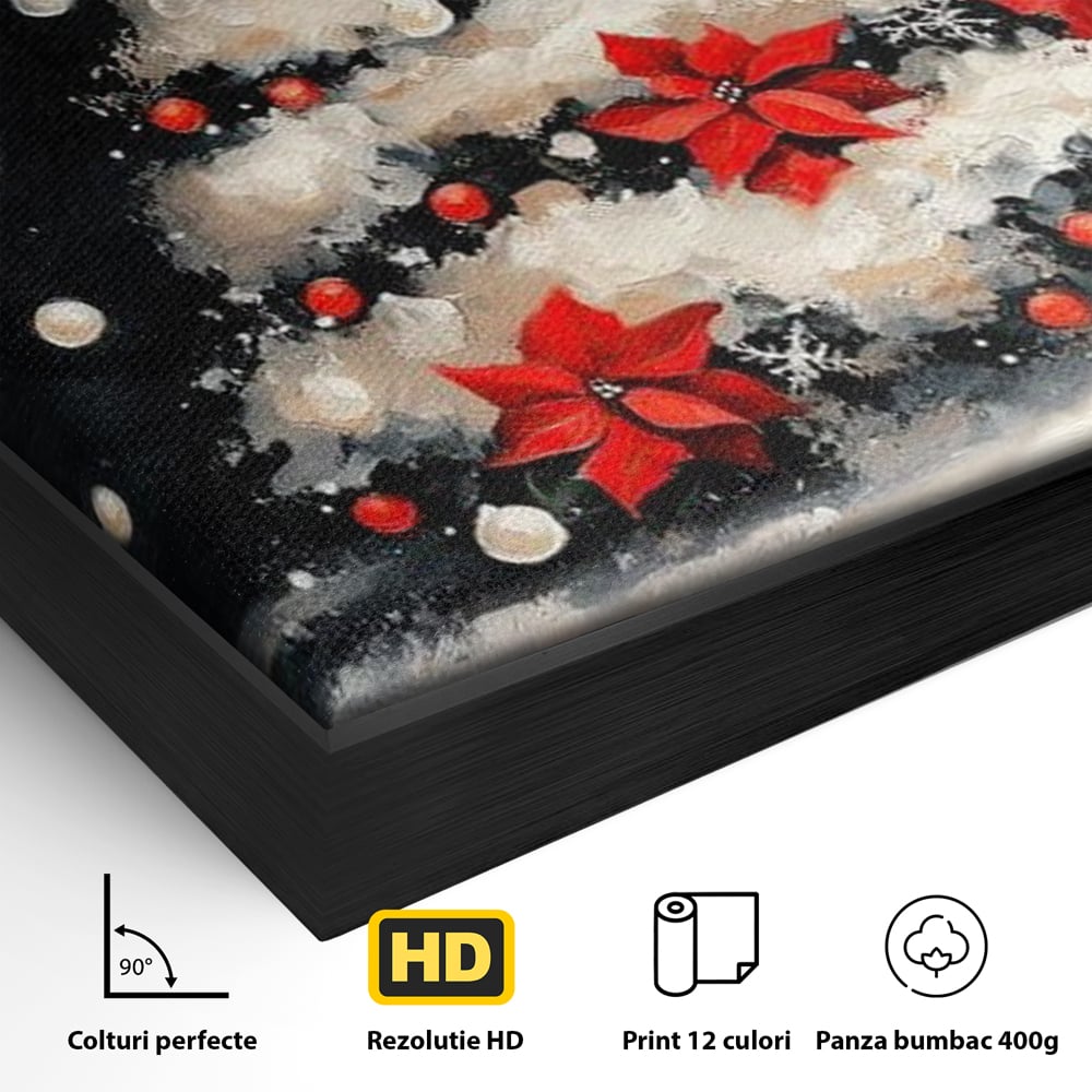 Detaliu al suprafetei: tablou canvas cu brad de craciun pictat, in rama de aluminiu negru