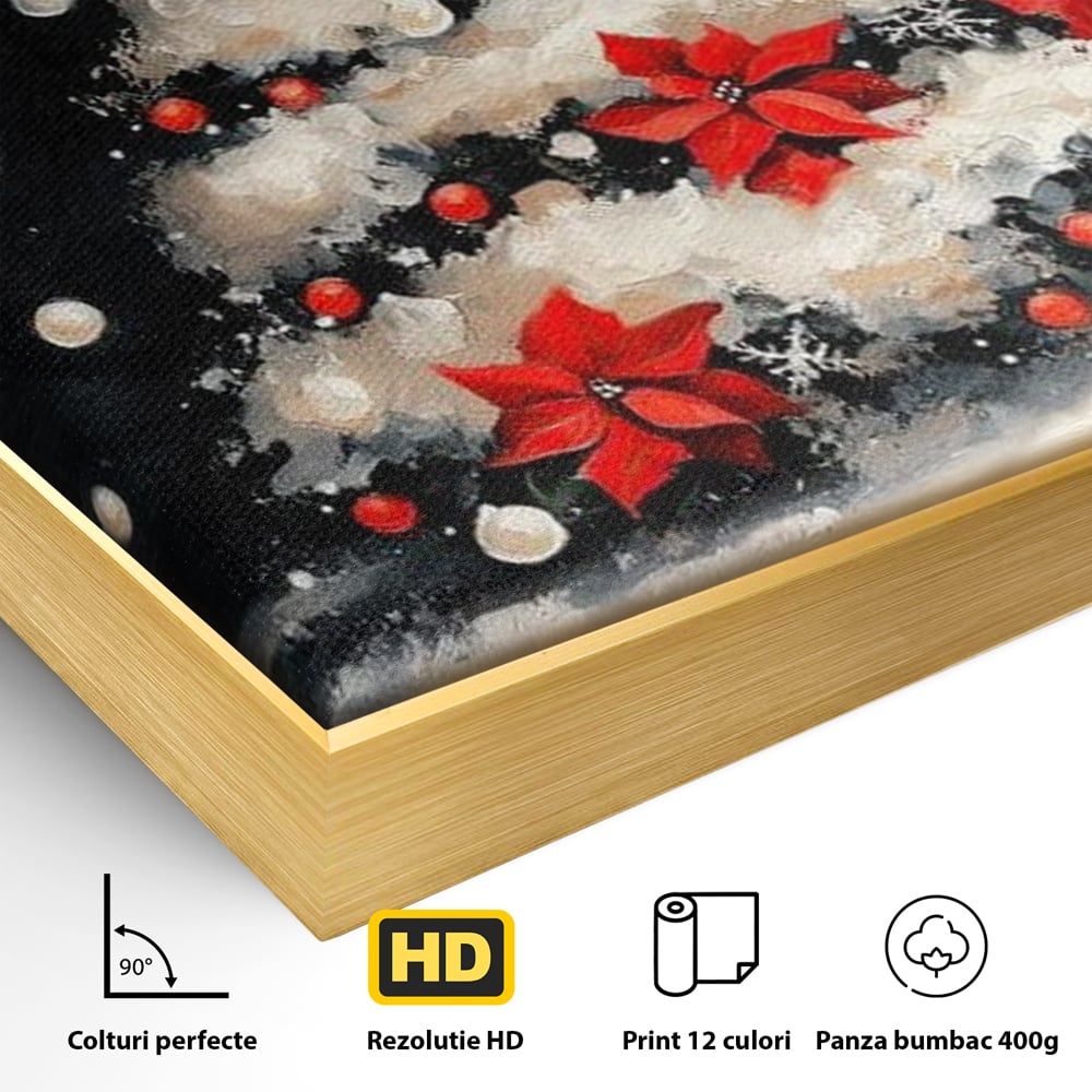Detaliu al suprafetei: tablou canvas cu brad de craciun pictat, in rama de aluminiu auriu