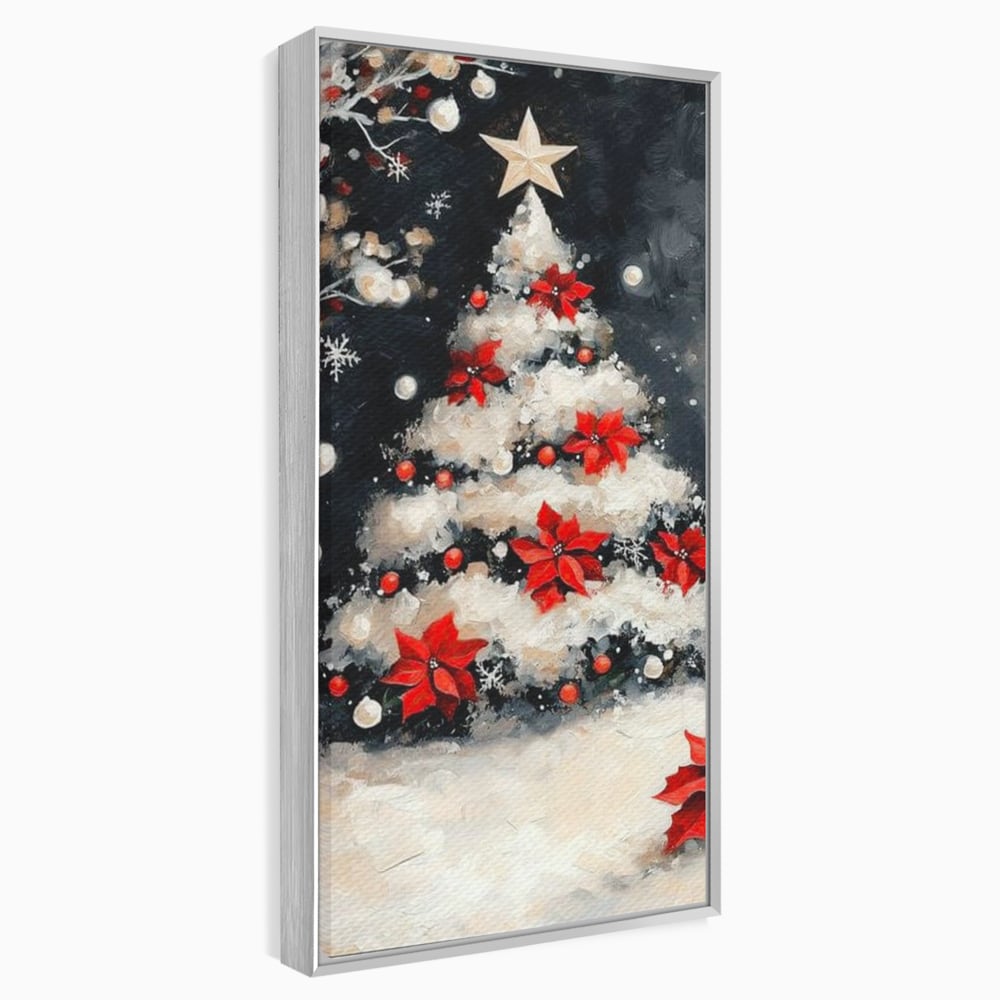 Tablou canvas cu tablou canvas cu brad de craciun pictat, in rama de aluminiu argintiu