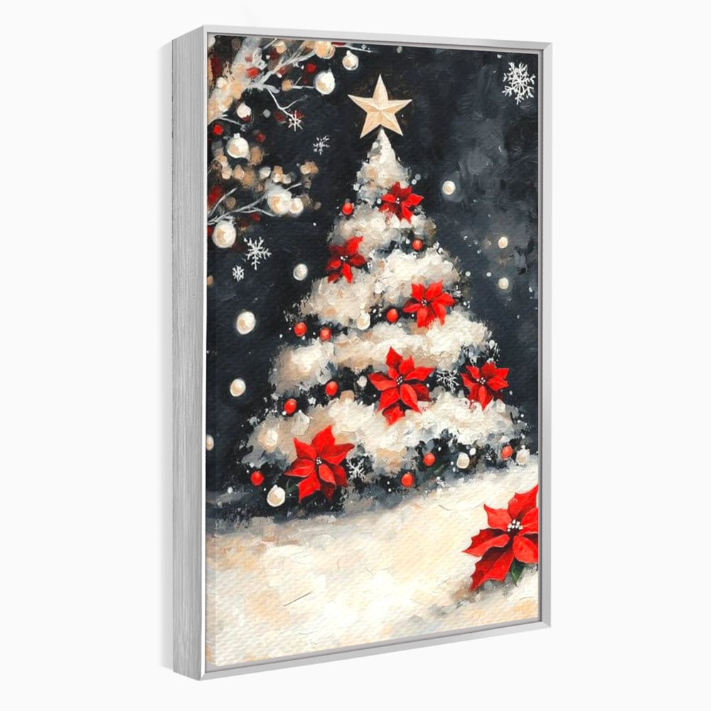 Tablou canvas cu tablou canvas cu brad de craciun pictat, in rama de aluminiu argintiu
