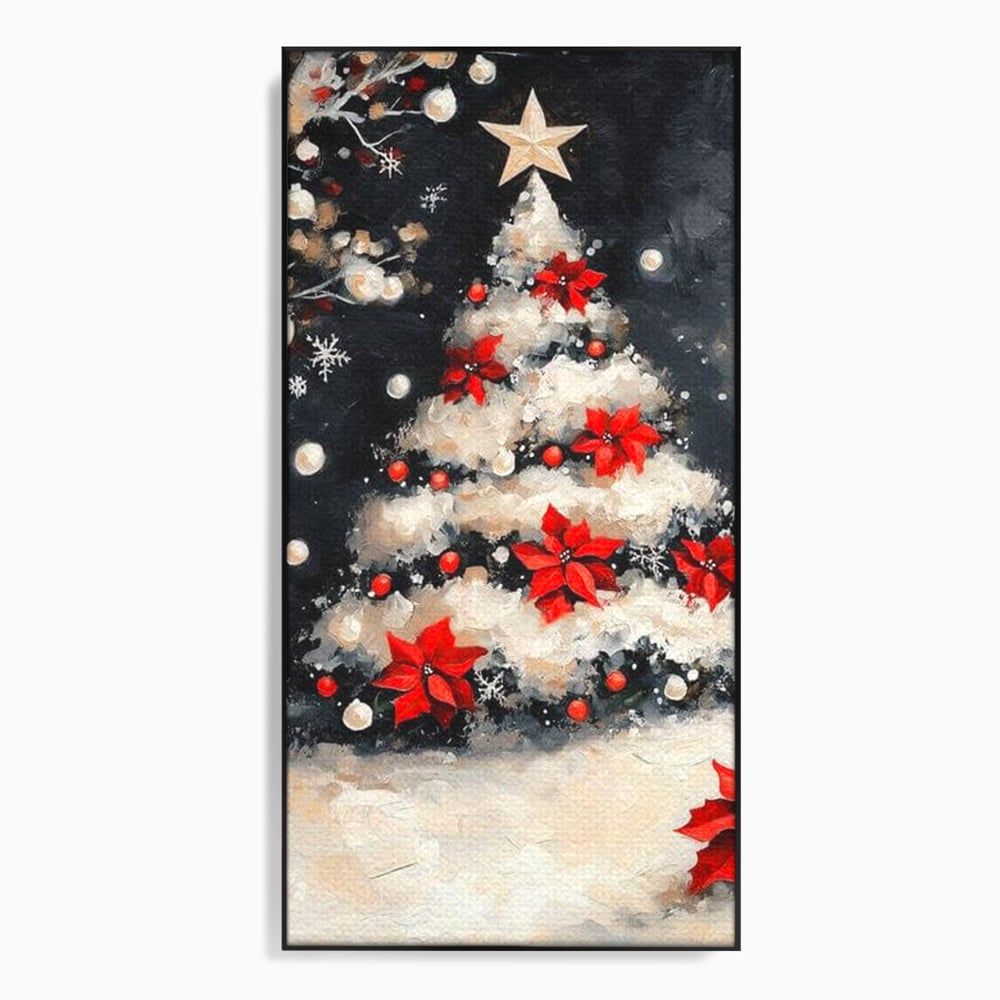 Tablou canvas cu tablou canvas cu brad de craciun pictat, in rama de aluminiu negru