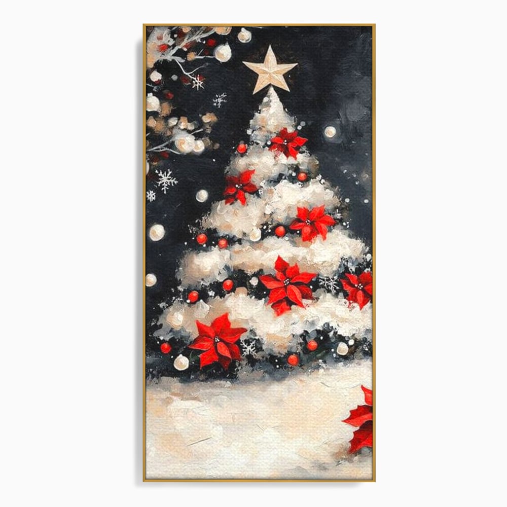 Tablou canvas cu tablou canvas cu brad de craciun pictat, in rama de aluminiu auriu