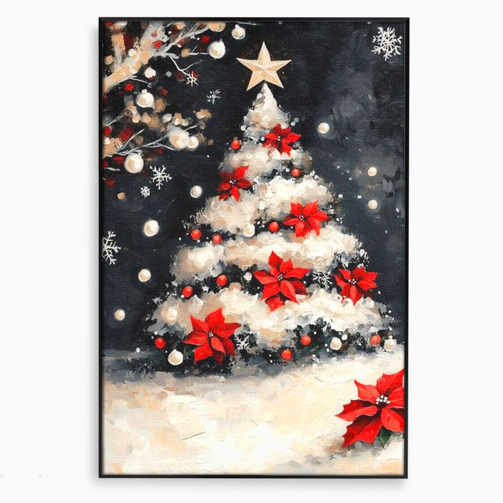 Tablou canvas cu tablou canvas cu brad de craciun pictat, in rama de aluminiu negru