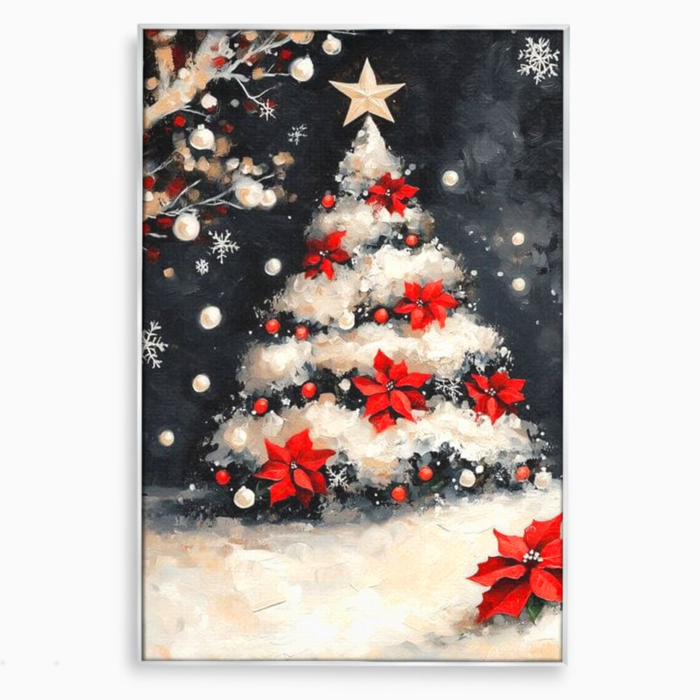 Tablou canvas cu tablou canvas cu brad de craciun pictat, in rama de aluminiu argintiu