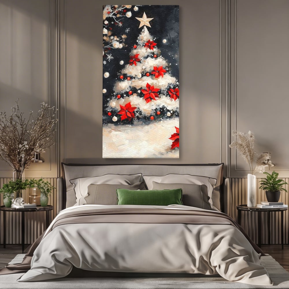 Tablou canvas cu tablou canvas cu brad de craciun pictat, fara rama, pe sasiu de lemn, pe perete intr-un dormitor