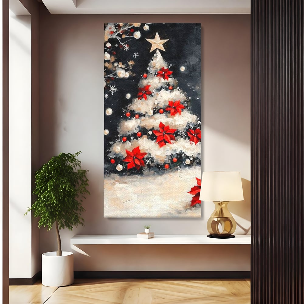 Tablou canvas cu tablou canvas cu brad de craciun pictat, fara rama, pe sasiu de lemn