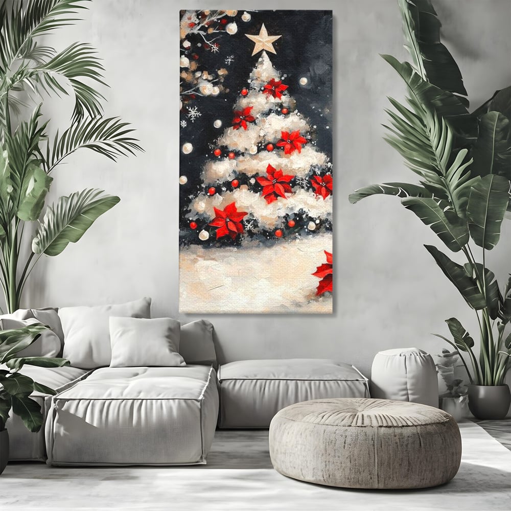 Tablou canvas cu tablou canvas cu brad de craciun pictat, fara rama, pe sasiu de lemn, pe perete intr-un living