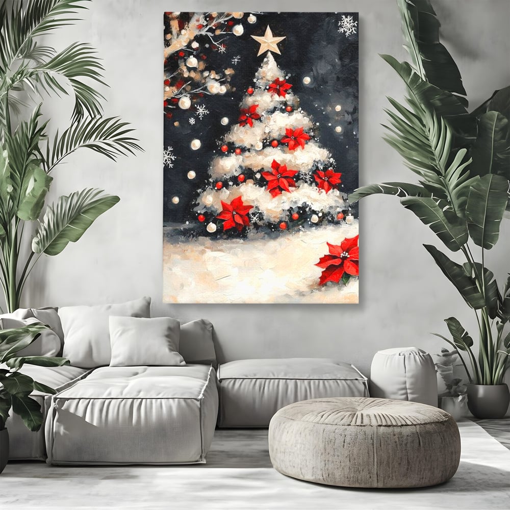 Tablou canvas cu tablou canvas cu brad de craciun pictat, fara rama, pe sasiu de lemn, pe perete intr-un living