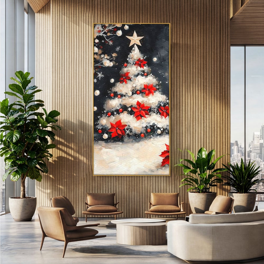 Tablou canvas cu tablou canvas cu brad de craciun pictat, in rama de aluminiu auriu, pe perete intr-un birou