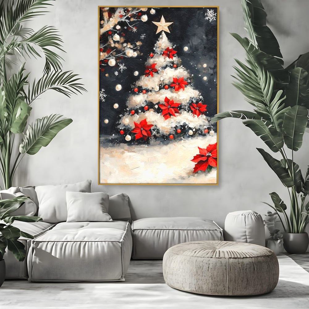 Tablou canvas cu tablou canvas cu brad de craciun pictat, in rama de aluminiu auriu, pe perete intr-un living