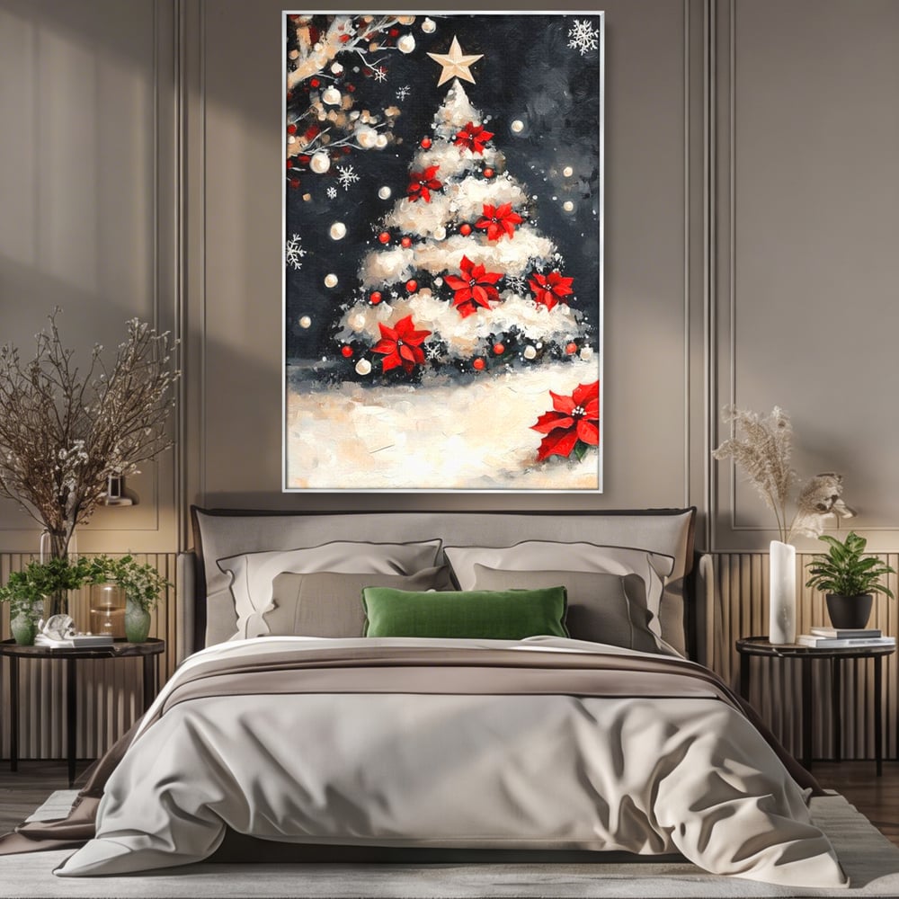 Tablou canvas cu tablou canvas cu brad de craciun pictat, in rama de aluminiu argintiu, pe perete intr-un dormitor