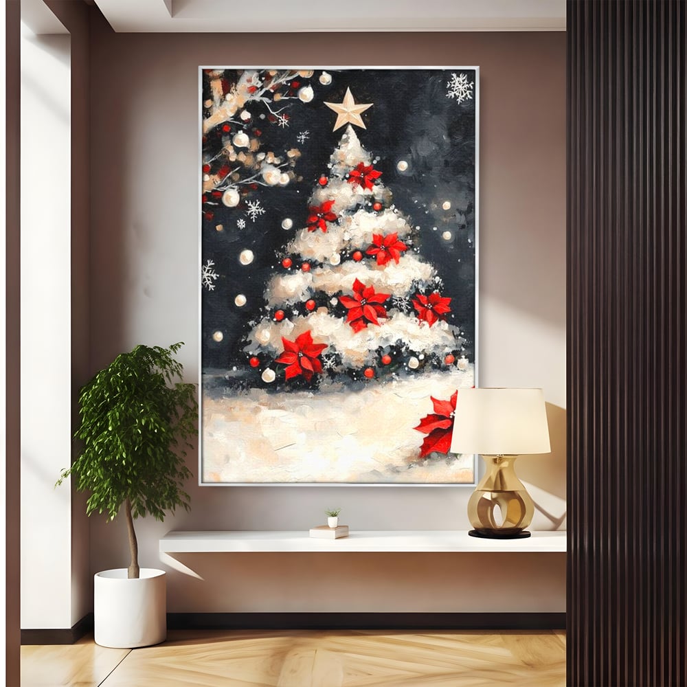 Tablou canvas cu tablou canvas cu brad de craciun pictat, in rama de aluminiu argintiu