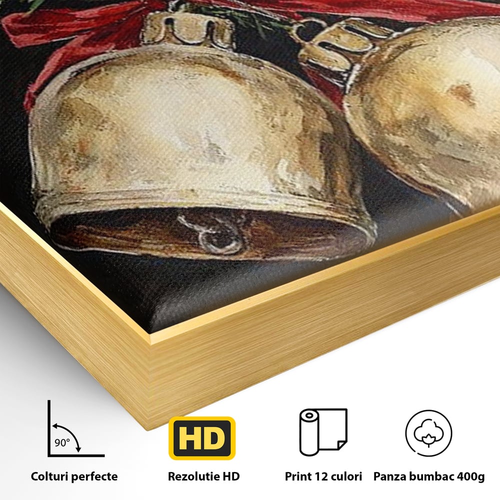 Detaliu al suprafetei: tablou canvas cu clopotei de craciun, in rama de aluminiu auriu