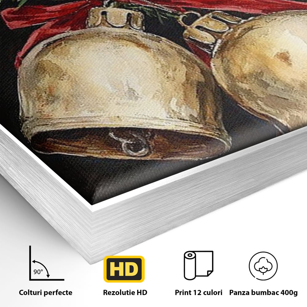 Detaliu al suprafetei: tablou canvas cu clopotei de craciun, in rama de aluminiu argintiu