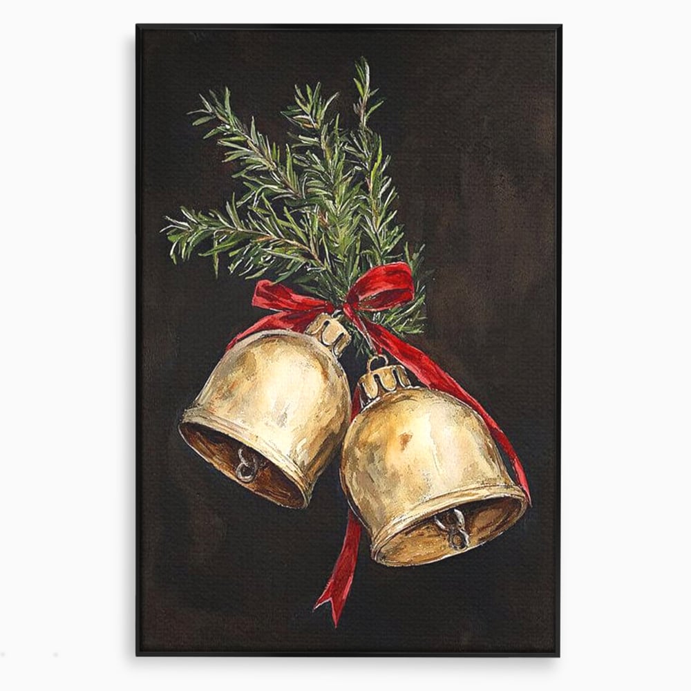 Tablou canvas cu tablou canvas cu clopotei de craciun, in rama de aluminiu negru