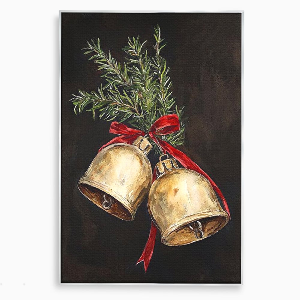 Tablou canvas cu tablou canvas cu clopotei de craciun, in rama de aluminiu argintiu