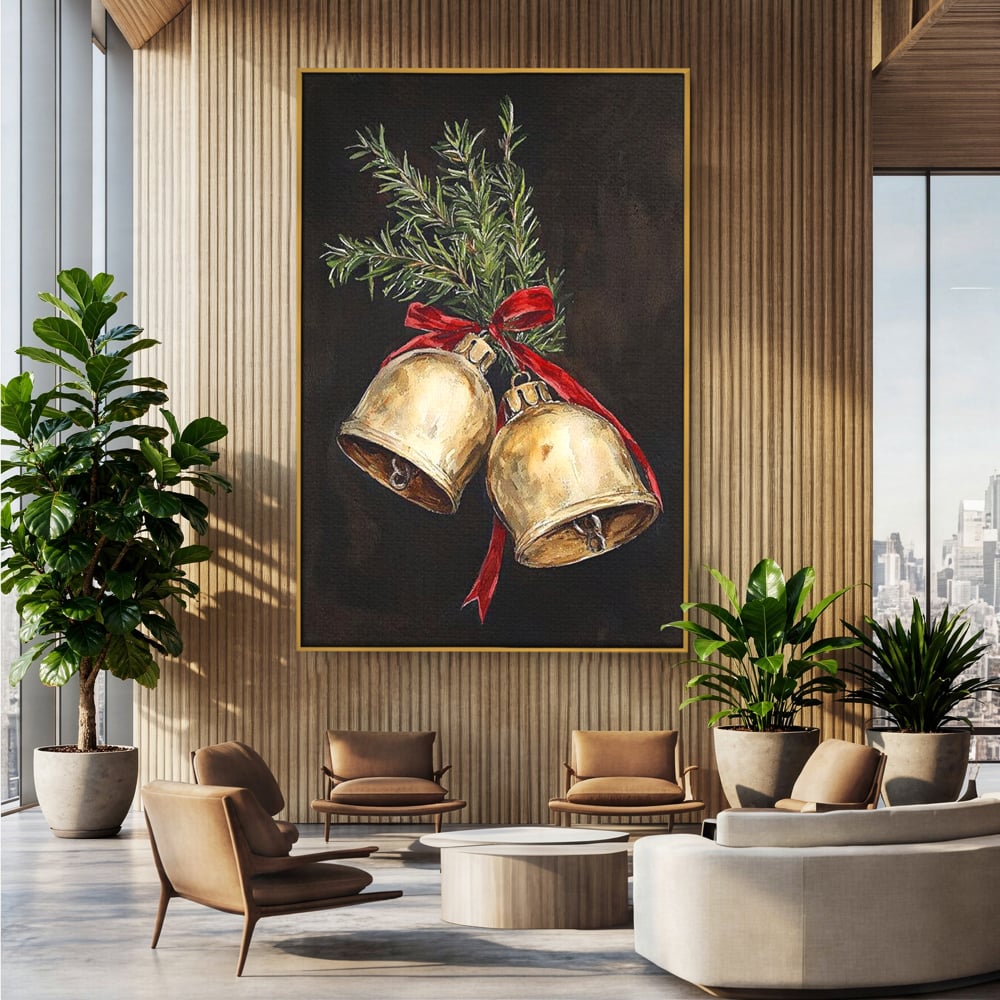 Tablou canvas cu tablou canvas cu clopotei de craciun, in rama de aluminiu auriu, pe perete intr-un birou