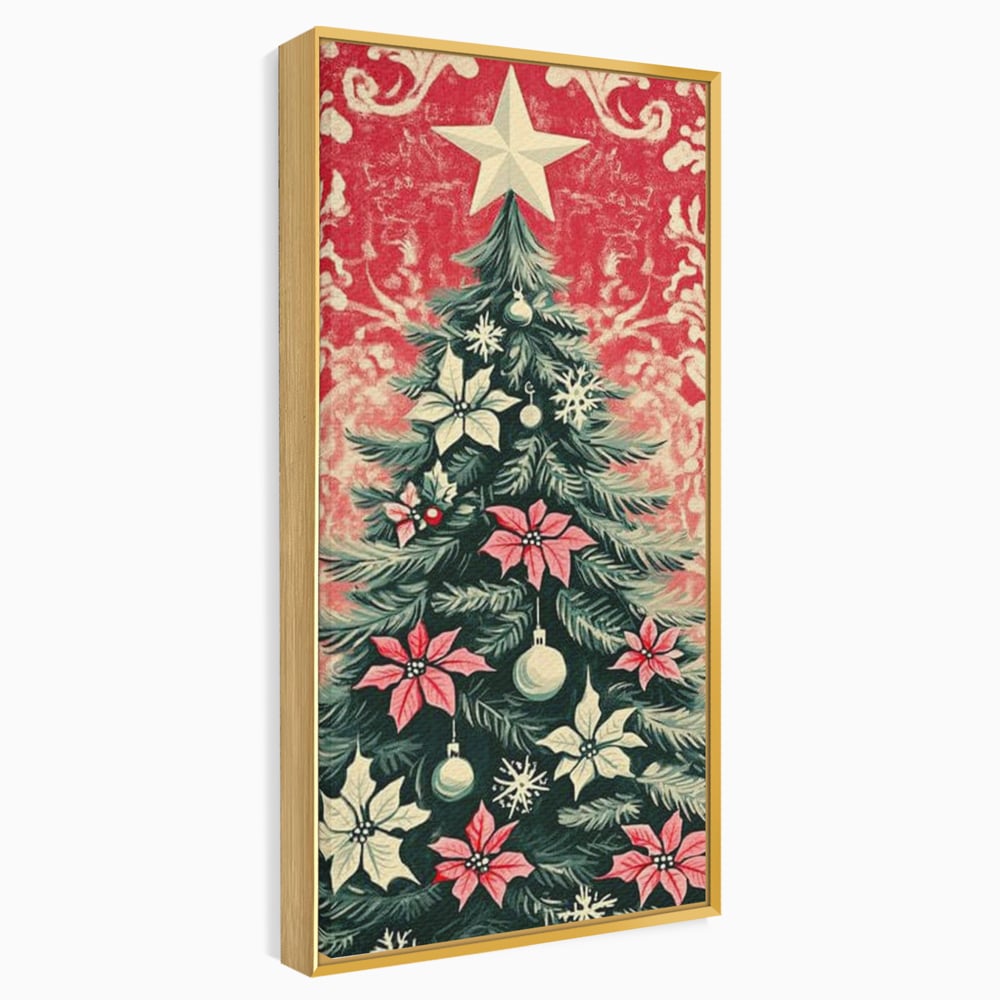 Tablou canvas cu ilustratie vintage cu brad de craciun, in rama de aluminiu auriu