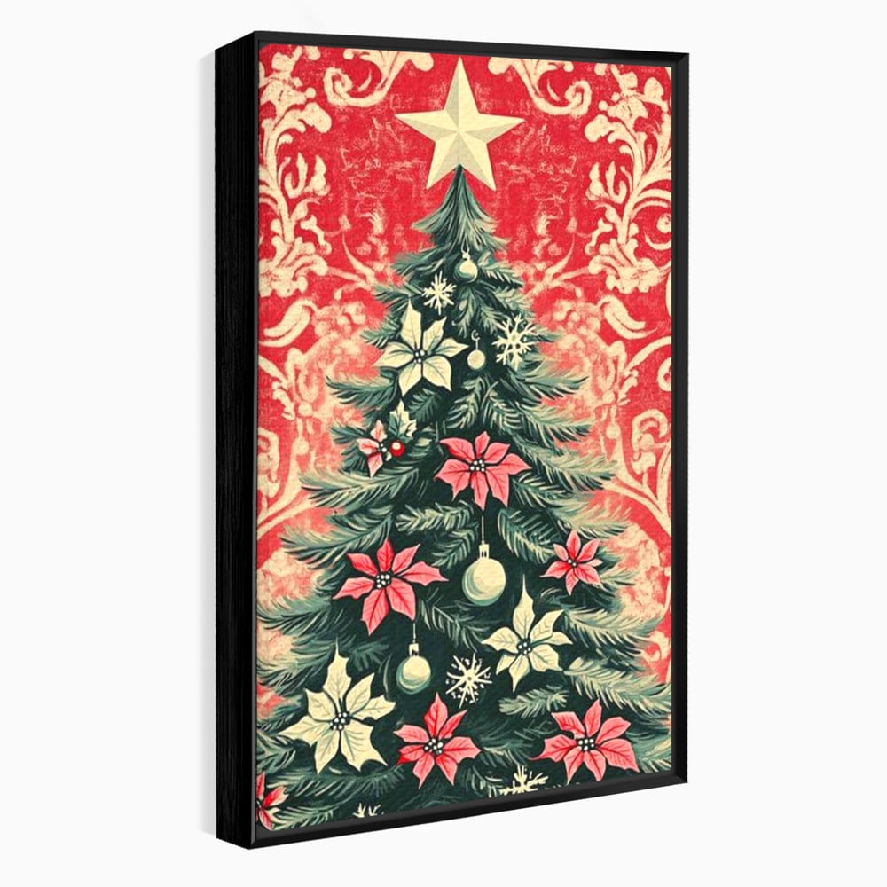 Tablou canvas cu ilustratie vintage cu brad de craciun, in rama de aluminiu negru