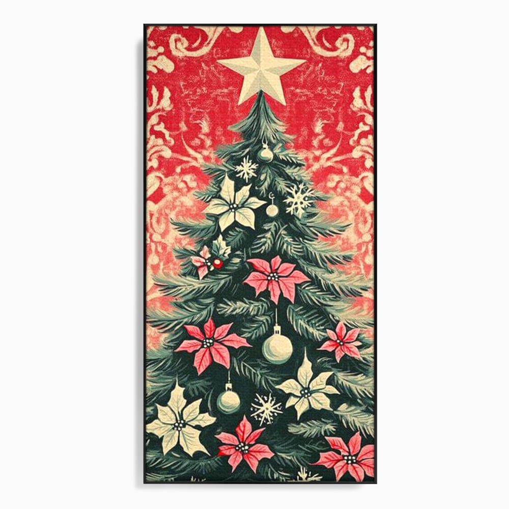 Tablou canvas cu ilustratie vintage cu brad de craciun, in rama de aluminiu negru