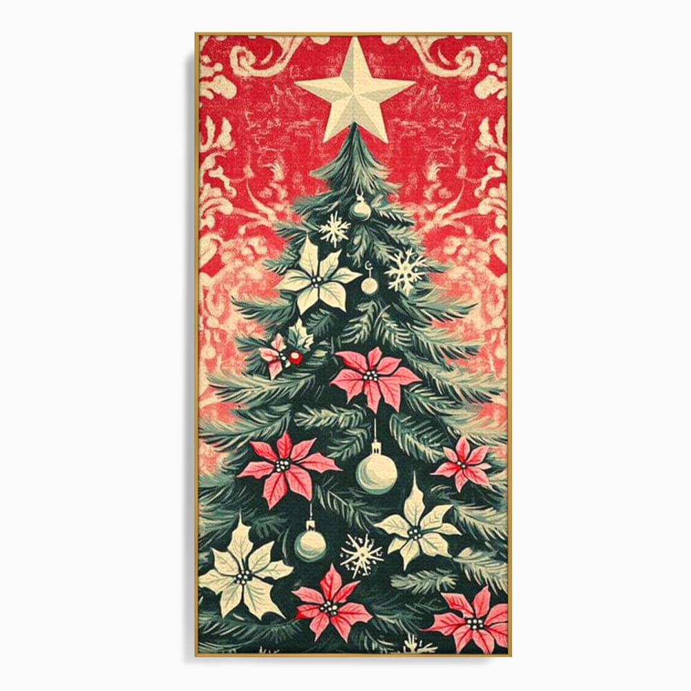 Tablou canvas cu ilustratie vintage cu brad de craciun, in rama de aluminiu auriu