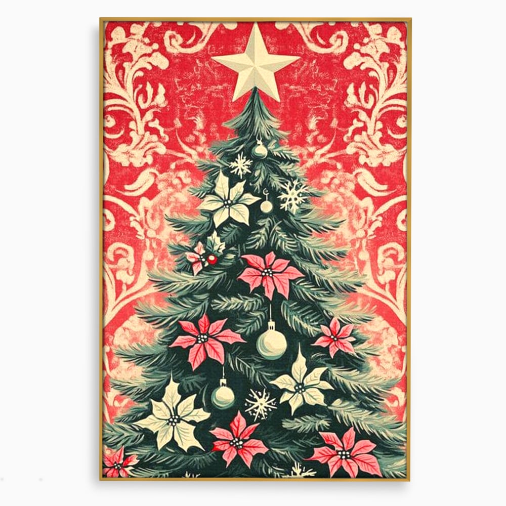 Tablou canvas cu ilustratie vintage cu brad de craciun, in rama de aluminiu auriu