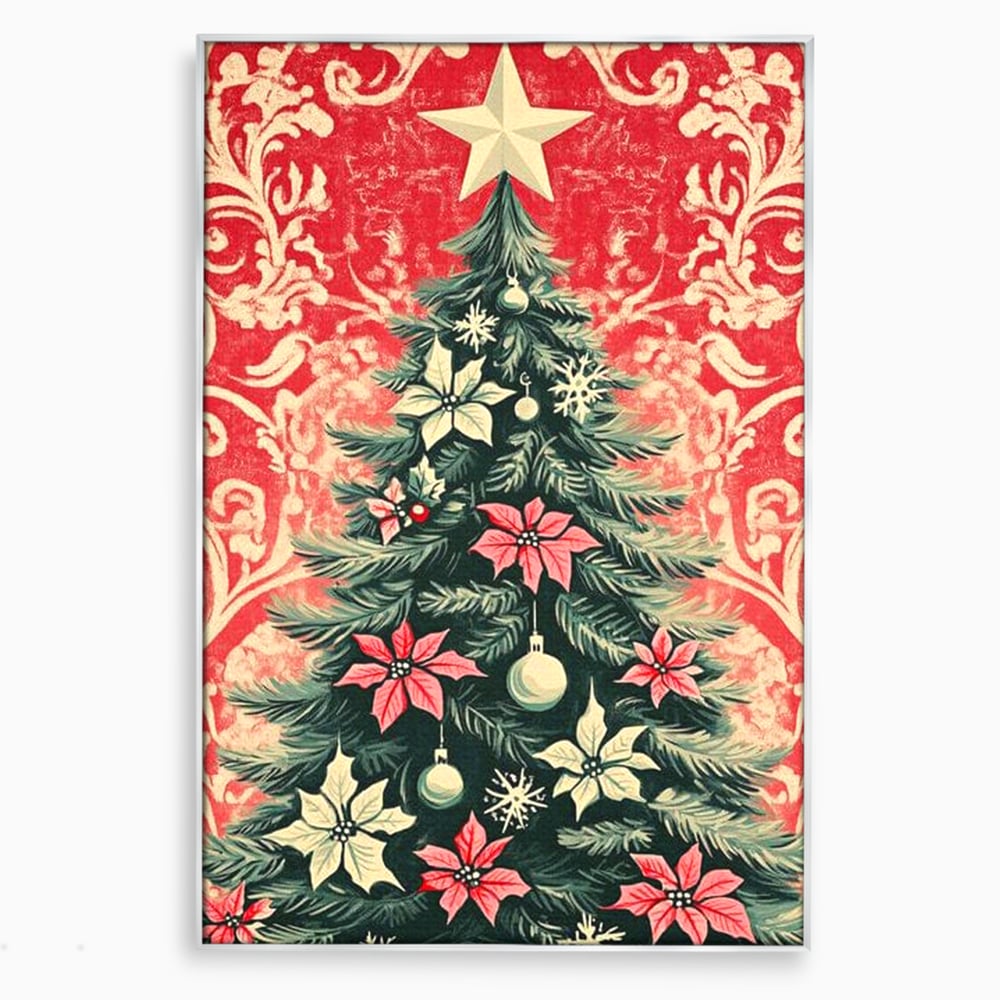 Tablou canvas cu ilustratie vintage cu brad de craciun, in rama de aluminiu argintiu
