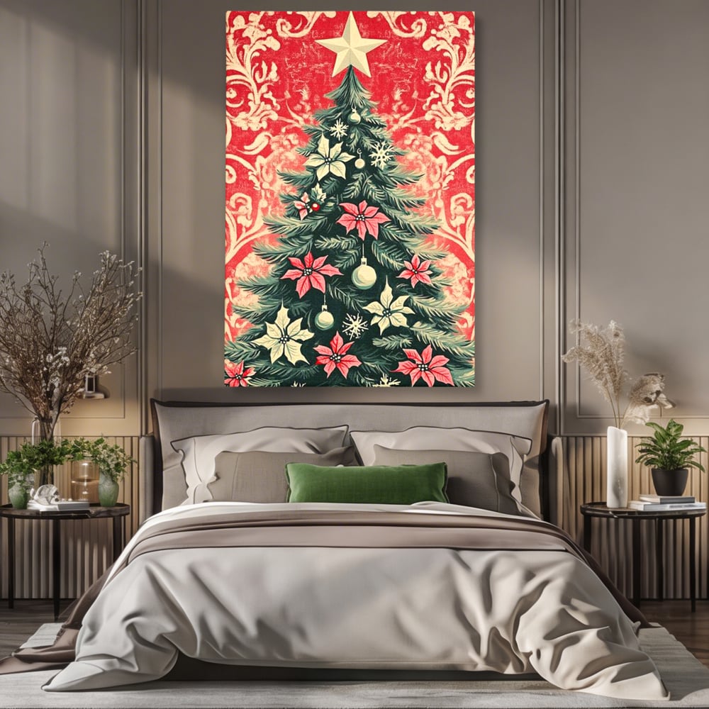 Tablou canvas cu ilustratie vintage cu brad de craciun, fara rama, pe sasiu de lemn, pe perete intr-un dormitor