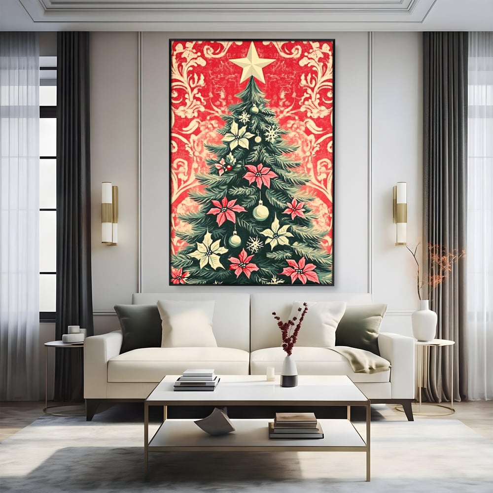 Tablou canvas cu ilustratie vintage cu brad de craciun, in rama de aluminiu negru, pe perete intr-un living
