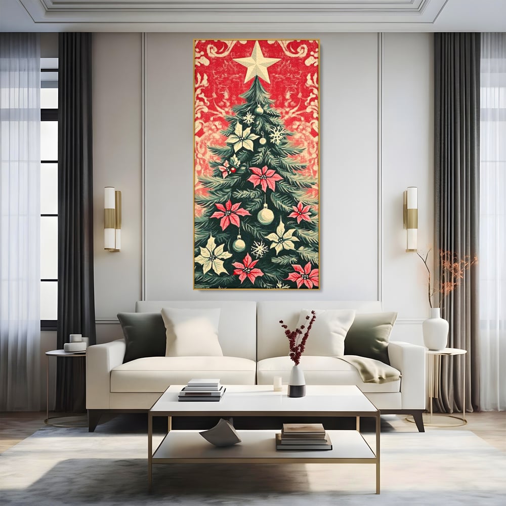 Tablou canvas cu ilustratie vintage cu brad de craciun, in rama de aluminiu auriu, pe perete intr-un living