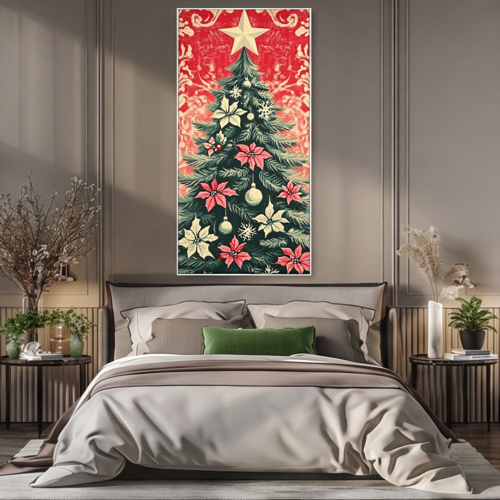 Tablou canvas cu ilustratie vintage cu brad de craciun, in rama de aluminiu argintiu, pe perete intr-un dormitor