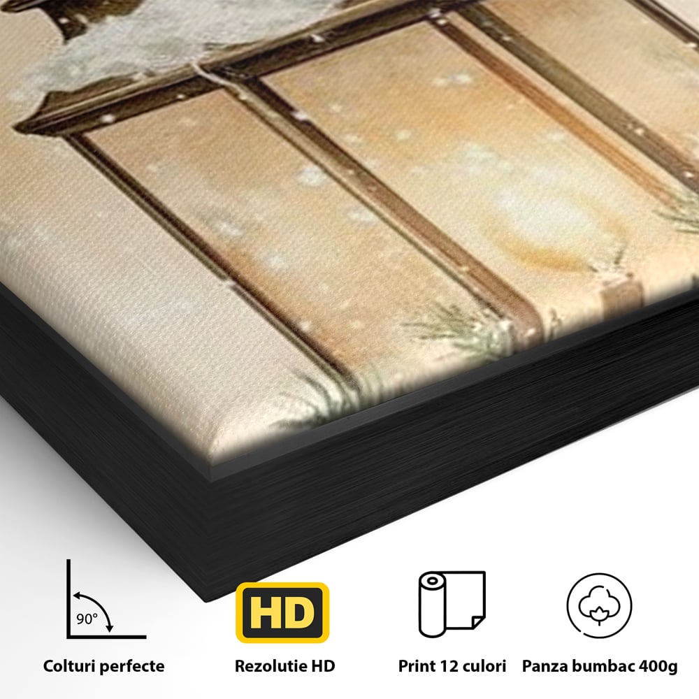 Detaliu al suprafetei: tablou canvas cu felinar de iarna, in rama de aluminiu negru