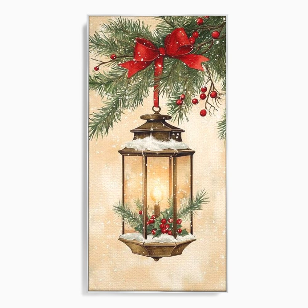 Tablou canvas cu tablou canvas cu felinar de iarna, in rama de aluminiu argintiu