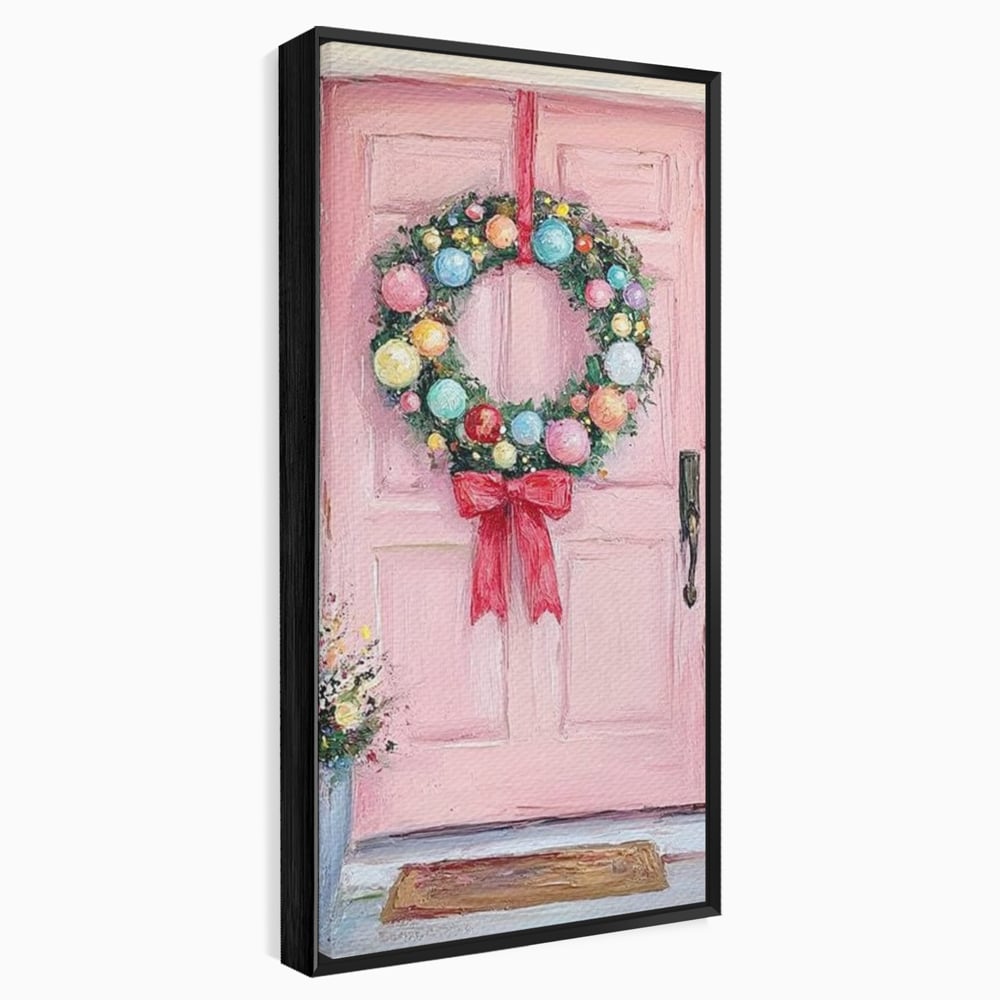 Tablou canvas cu pictura cu usa roz si coronita de craciun, in rama de aluminiu negru